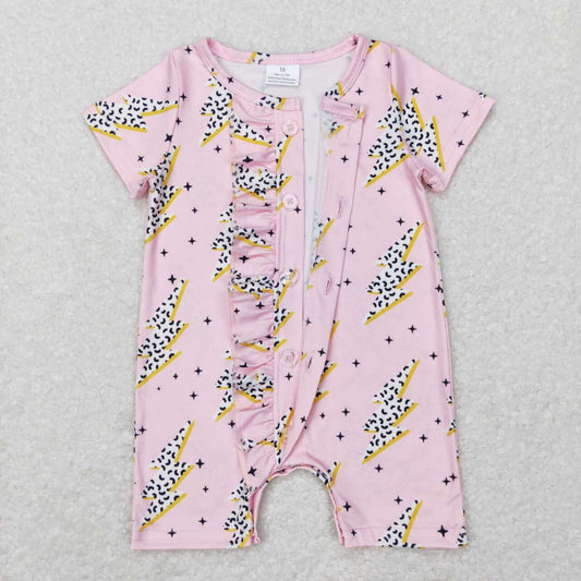 SR0523   Pink  Zipper  Girls Short Sleeve Romper