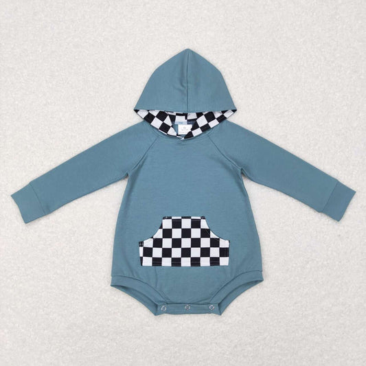 LR0759   Blue Plaid Hoodies Girls Long Sleeve Romper