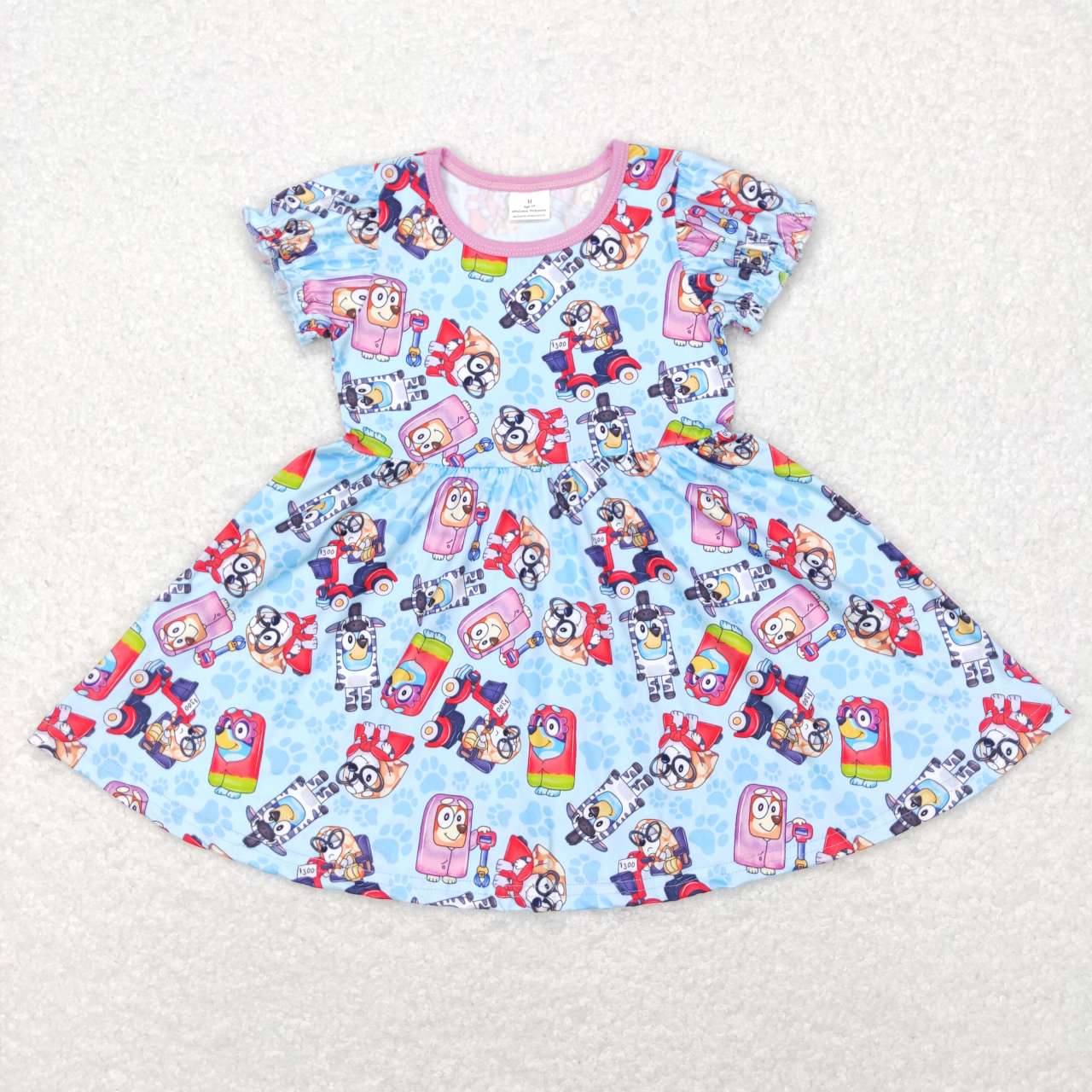 GSD0575  Pink Blue Dog Cartoon Girls Flutter Sleeve Dresses