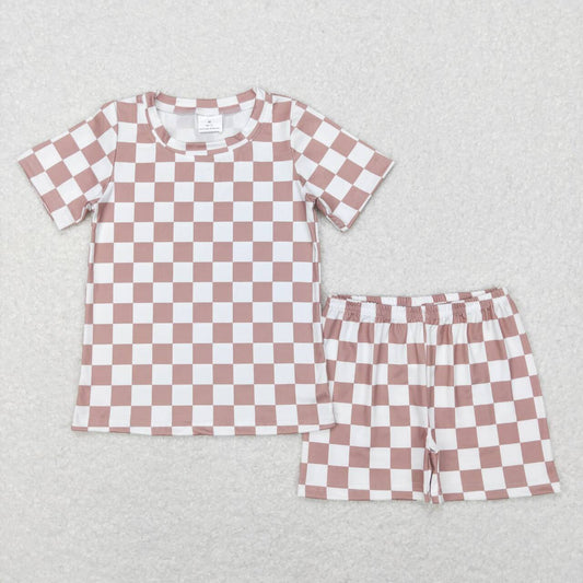 BSSO0326  Pink Plaid Boys Short Sleeve Shorts Outfits  Pajamas