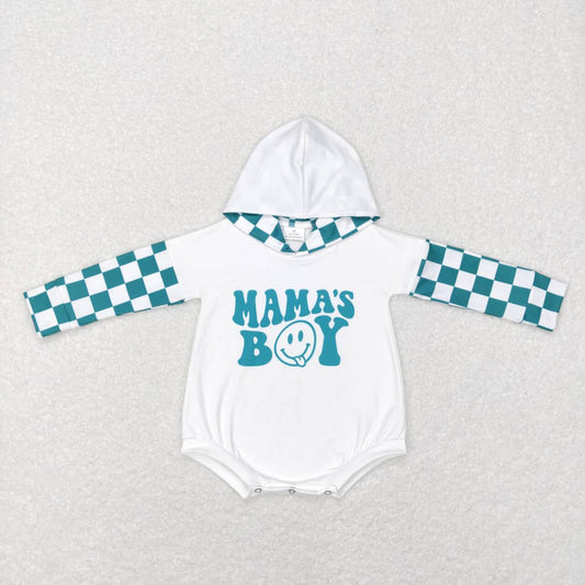 LR0541 Mama's Boy Blue Plaid Hoodies Girls Long Sleeve Romper