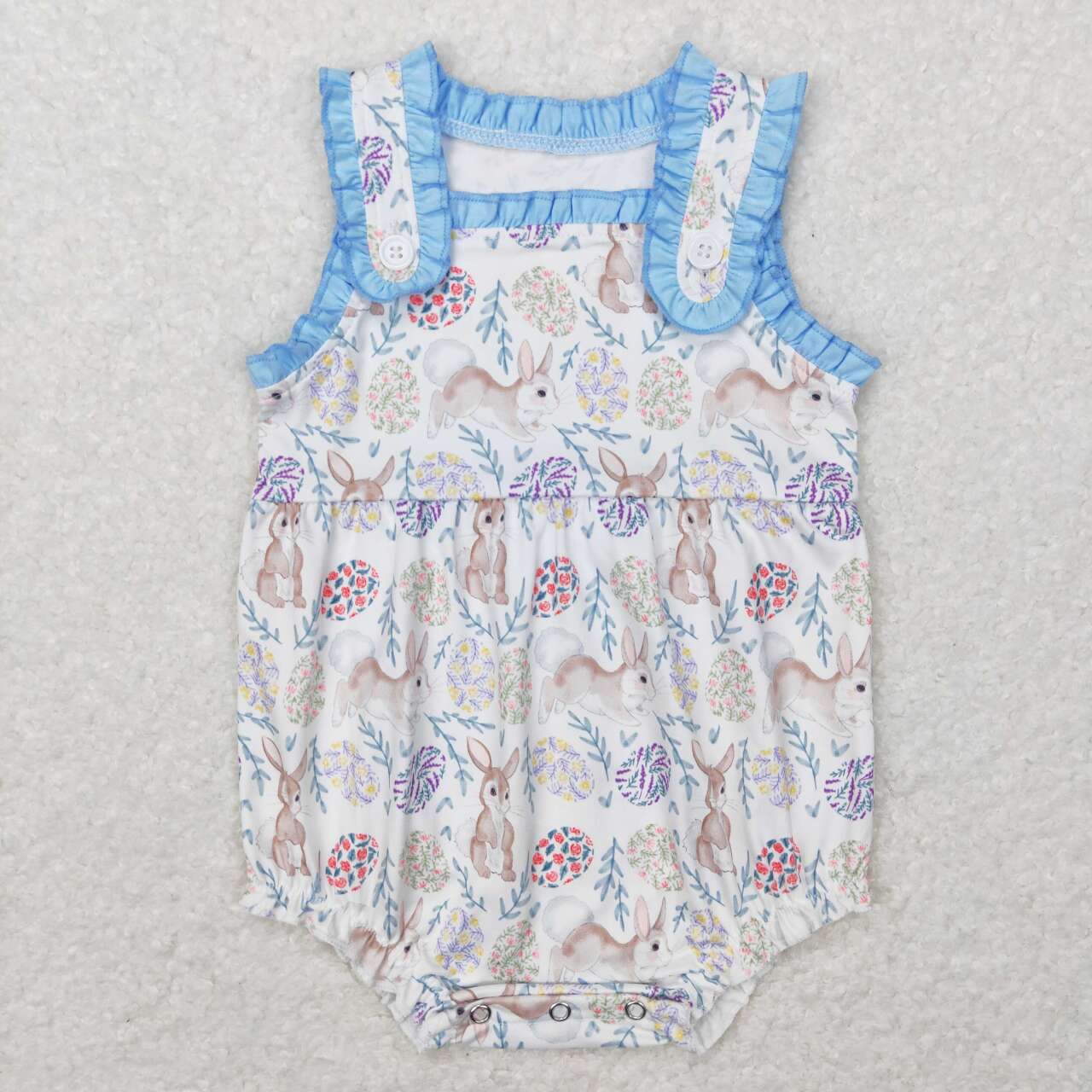 SR0507 blue Easter Rabbit   Girls Short Sleeve Romper