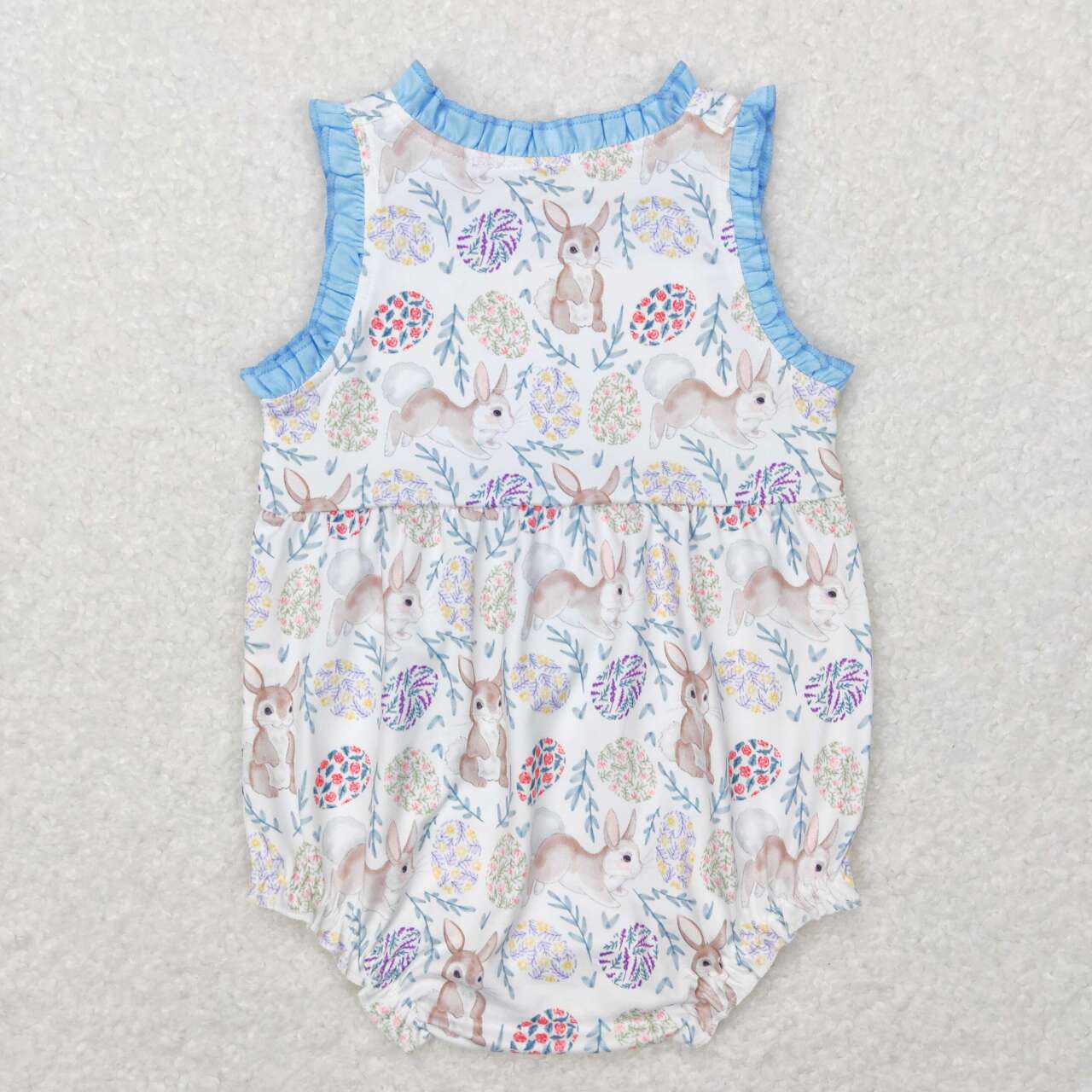 SR0507 blue Easter Rabbit   Girls Short Sleeve Romper