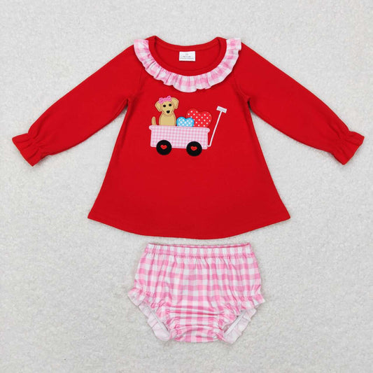 GBO0191 Valentine Love Dog red  Embroidery Girls Short Sleeve Bummies Outfits