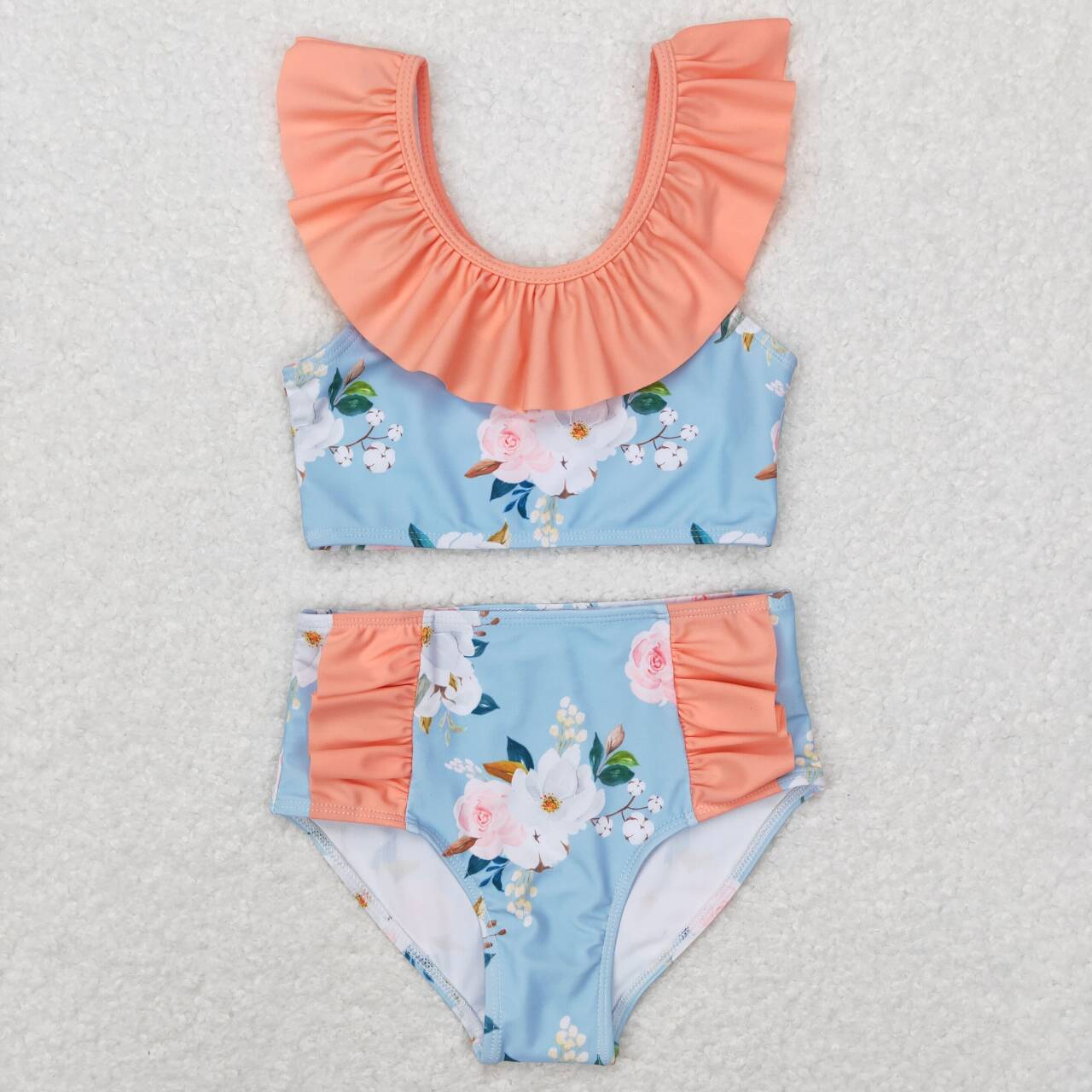 S0179 Pink blue Floral  Girls Swimming Bathing Suits Swimsuits