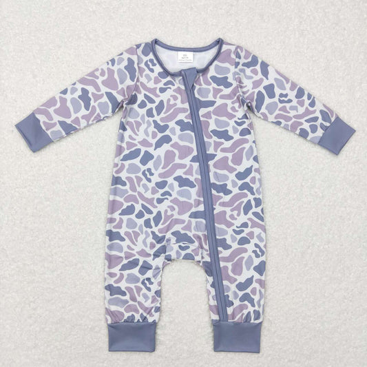 LR0819  Blue Camo leopard  Zipper Girls Long Sleeve Romper