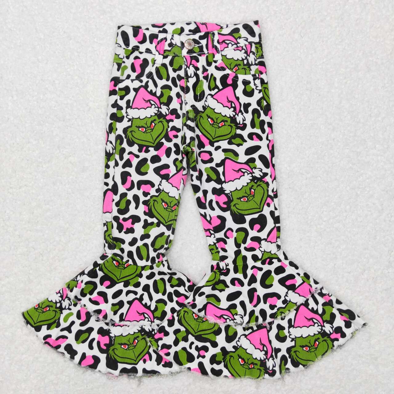 P0318 Christmas Green pink leopard cartoon  Girls Denim Jeans Double Ruffles