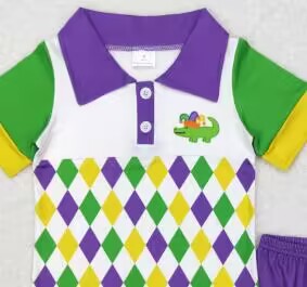 BSSO0311 Purple Green Yellow Mardi gras Collar Boys Short Sleeve Shorts Outfits