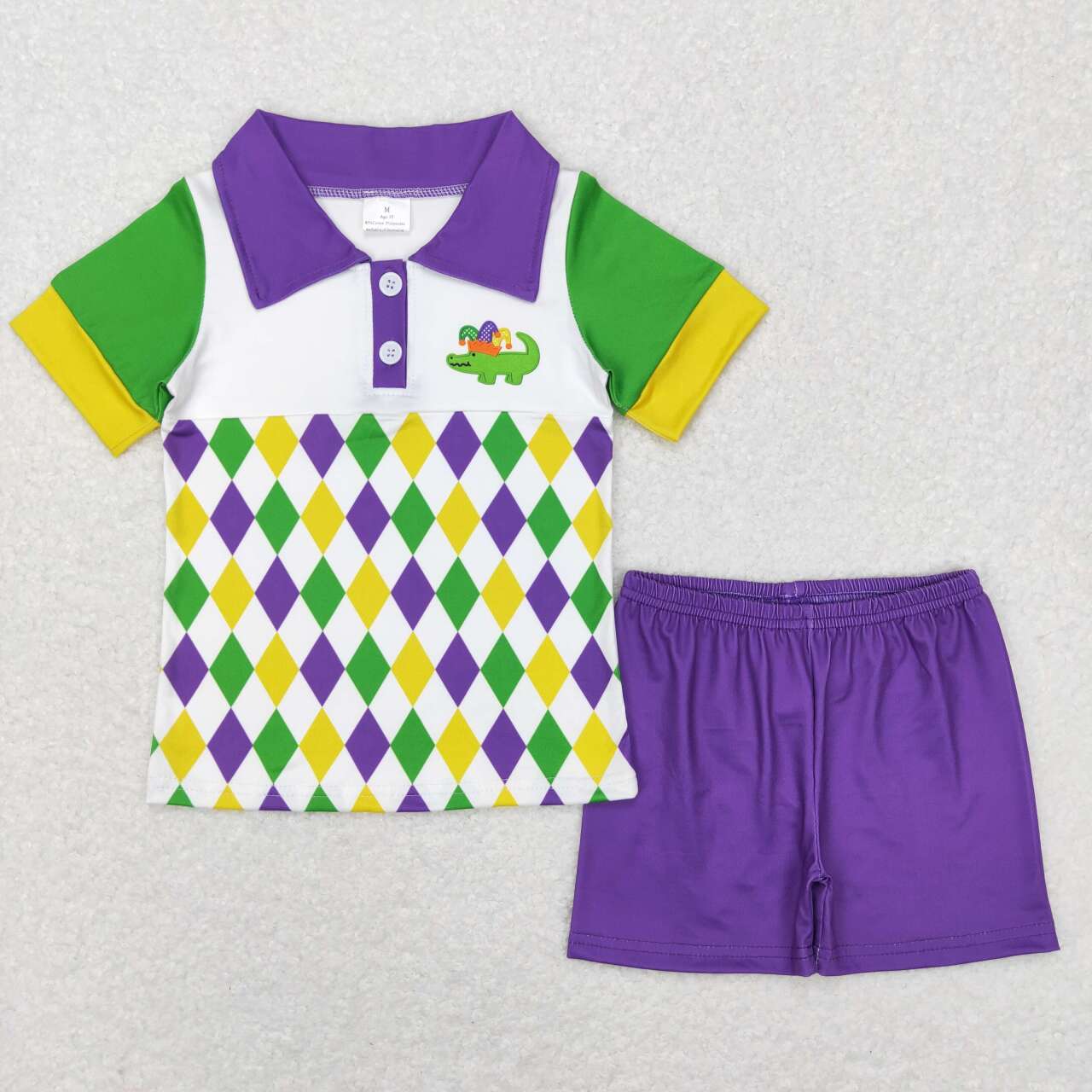 BSSO0311 Purple Green Yellow Mardi gras Collar Boys Short Sleeve Shorts Outfits