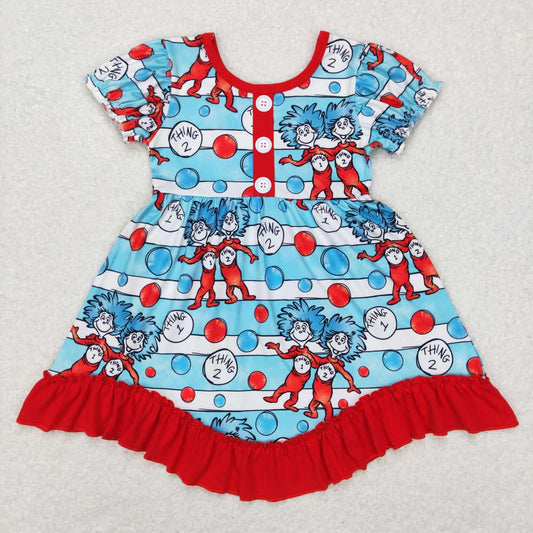 GSD0557 Christmas red blue cat hat Cartoon Girls Flutter Sleeve Dresses