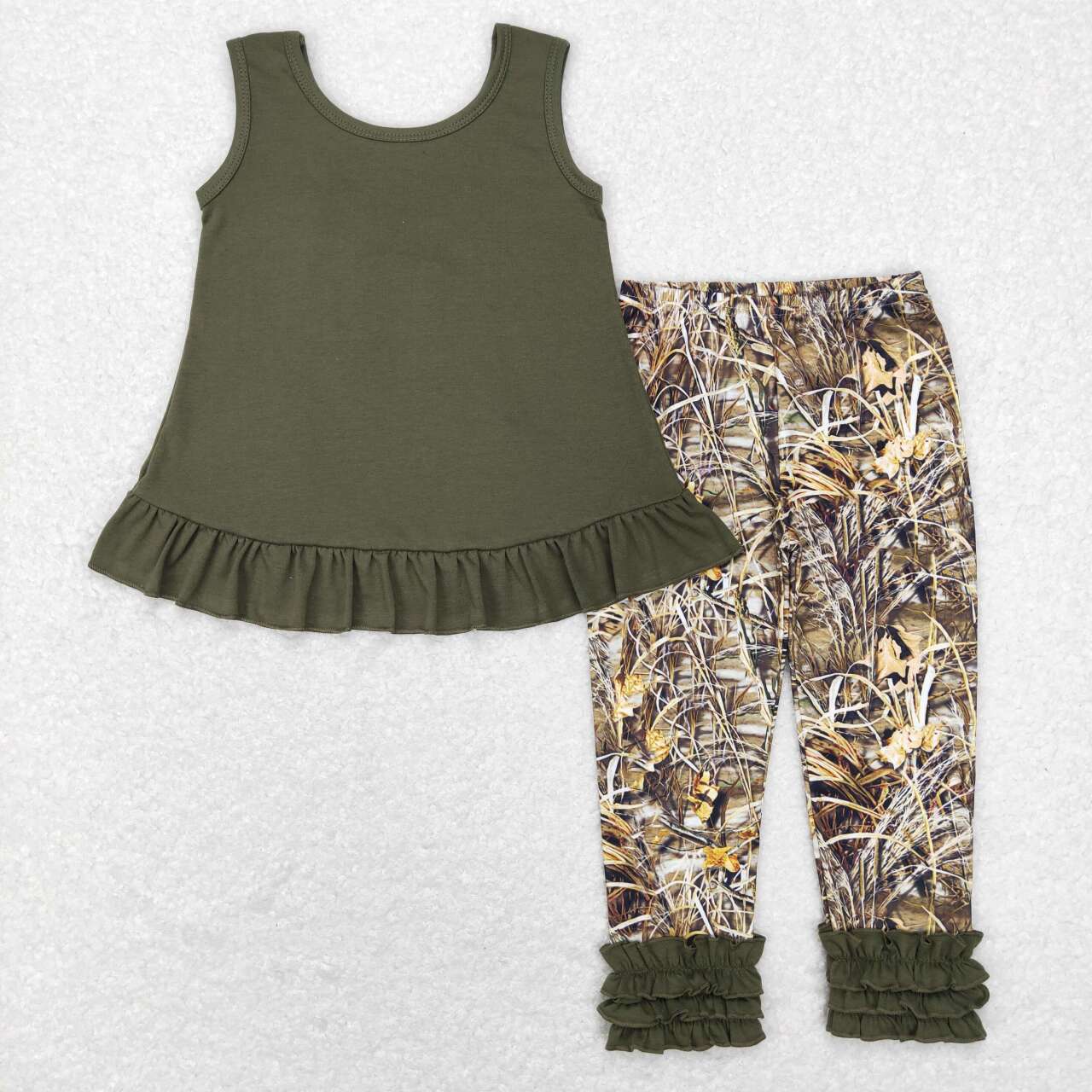 GSPO1089 Green Camo leaf Girls Short Sleeve Bell Bottom Pants Outfits