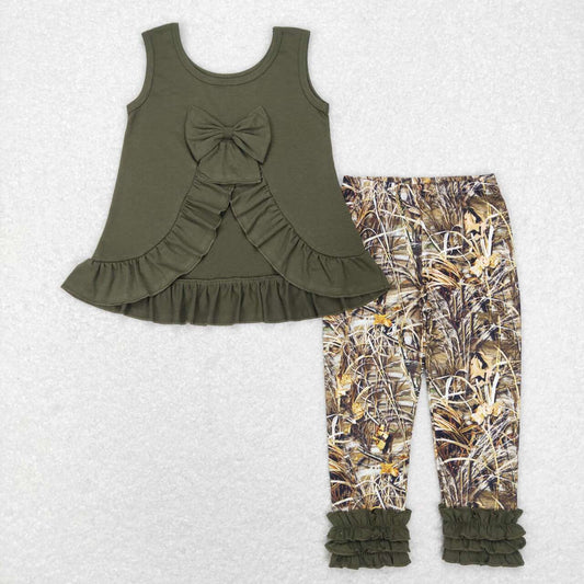 GSPO1089 Green Camo leaf Girls Short Sleeve Bell Bottom Pants Outfits