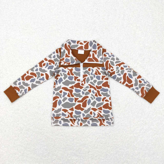 BT0468 Brown Leopard camo  Winter Boys Long Sleeve Top Collar T-Shirts