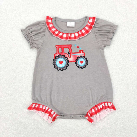 SR0489 valentine love red farm truck  Embroidery Girls Short Sleeve Romper