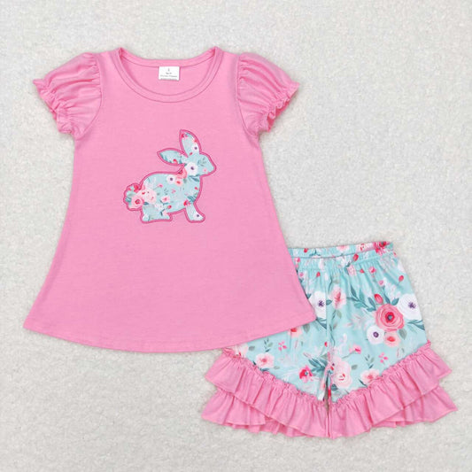 GSSO0386  Easter Pink Rabbit  Embroidery Girls Short Sleeve Shorts Outfits