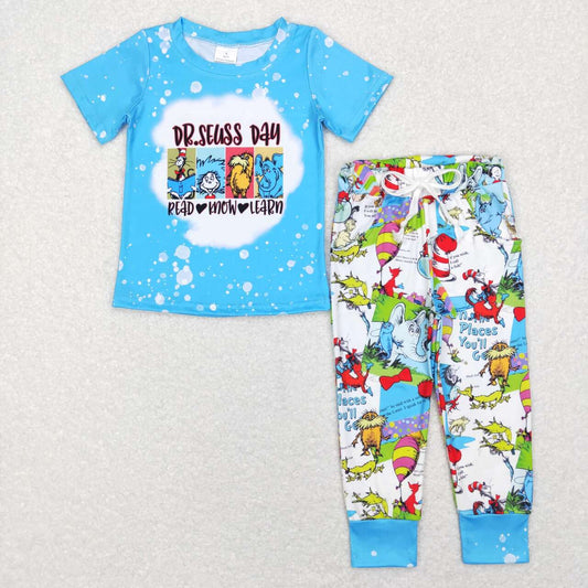 BSPO0241 christmas blue cat hat Dr cartoon  Boys Short Sleeve Pants Outfits Pajamas