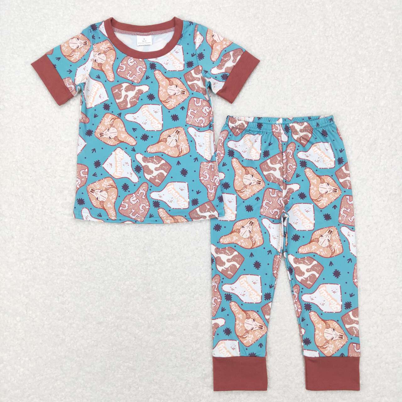 BSPO0238  Blue western cow  Boys Short Sleeve Pants Outfits Pajamas