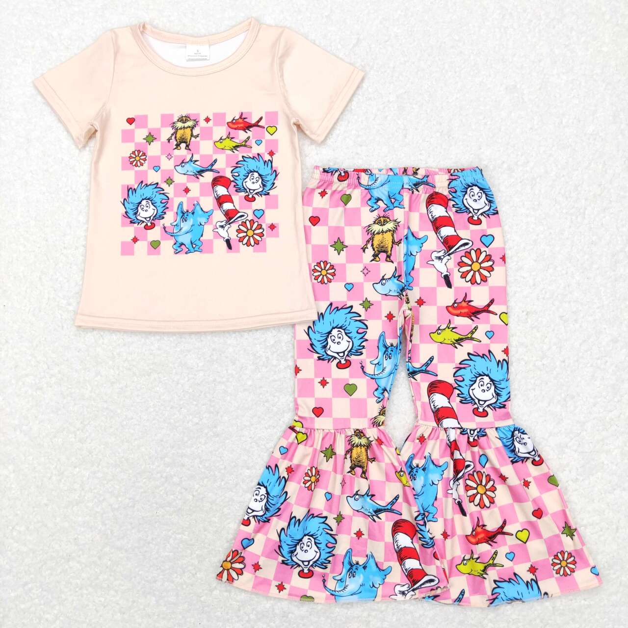 GSPO0923 Christmas Pink Blue Dr Cartoon Girls Short Sleeve Bell Bottom Pants Outfits