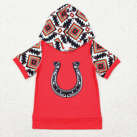 BT0459 Red Western Cow Girls Short Sleeve Hoodies Top