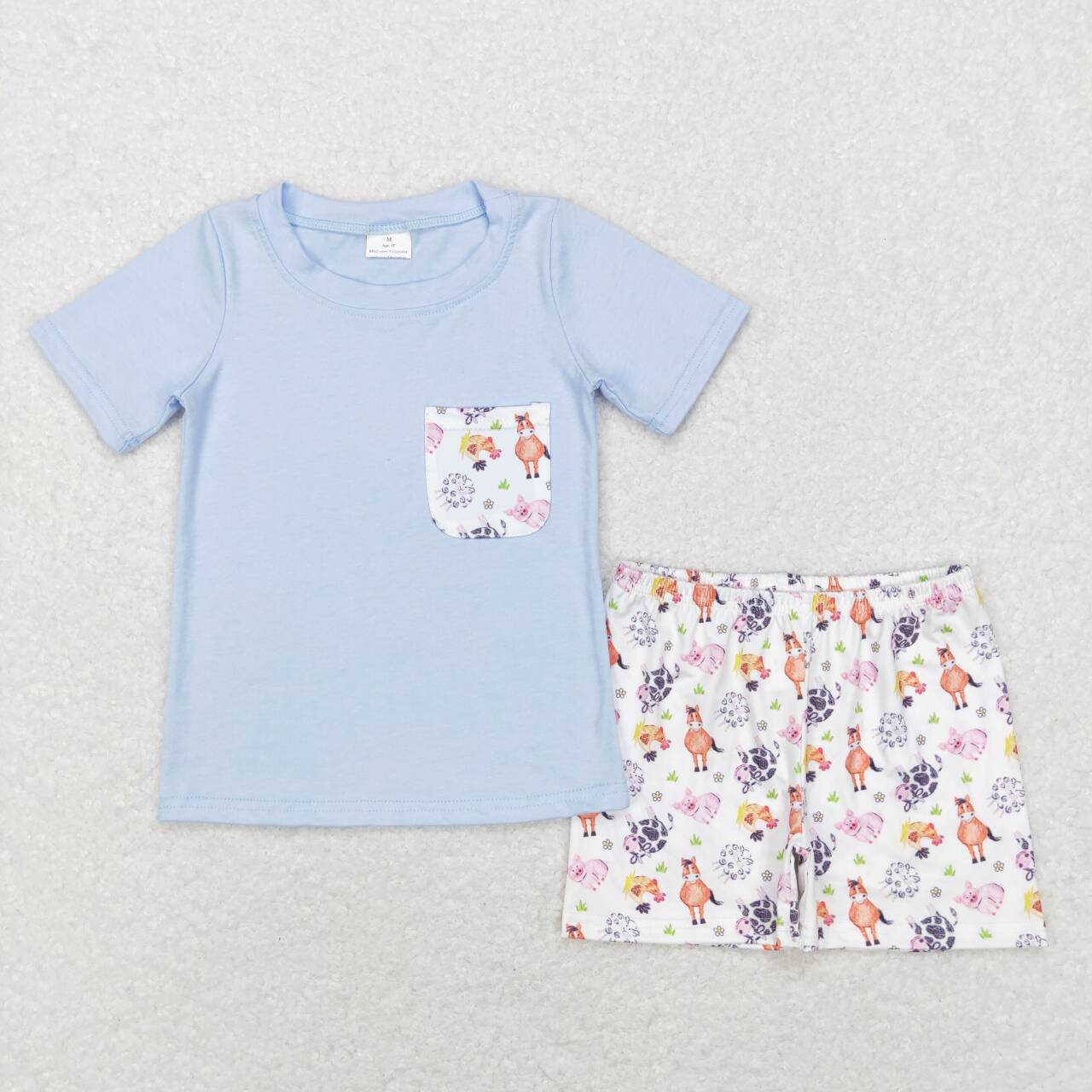 BSSO0352  Blue Pig chicken Farm  Pocket Boys Short Sleeve Shorts Outfits