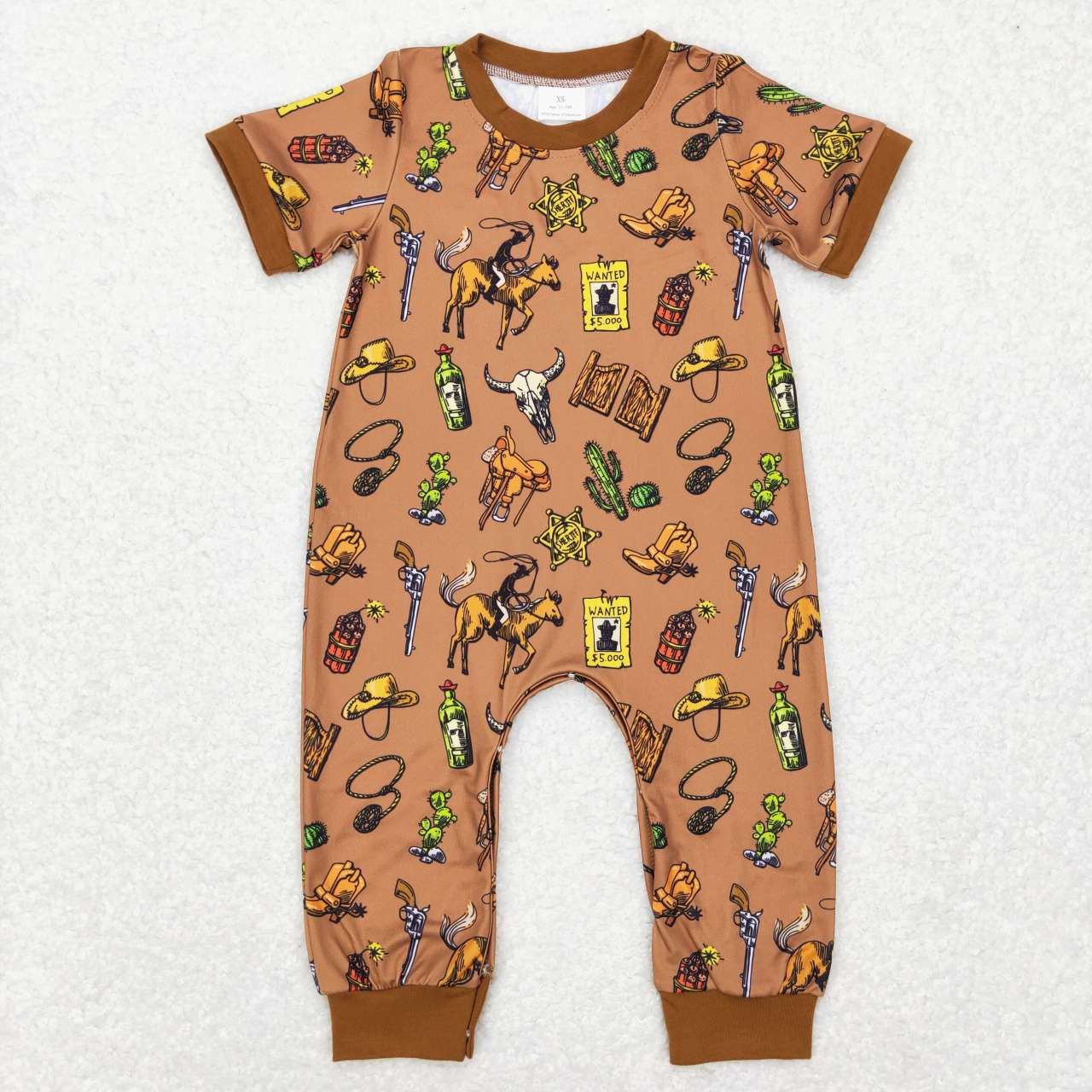 SR0569  Brown western Cowboy  Girls Short Sleeve Romper