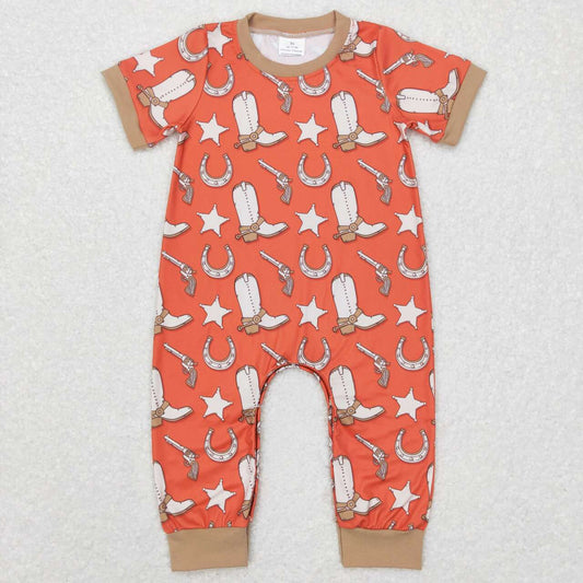 SR0570  Orange Boots Cowboy  Girls Short Sleeve Romper