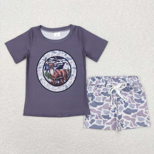 BT0464 christmas deer grey camo Boys Short Sleeve Shorts Outfits