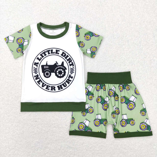 BSSO0328 Little Dirt Never Hurt Green Farm Truck  Boys Short Sleeve Shorts Outfits