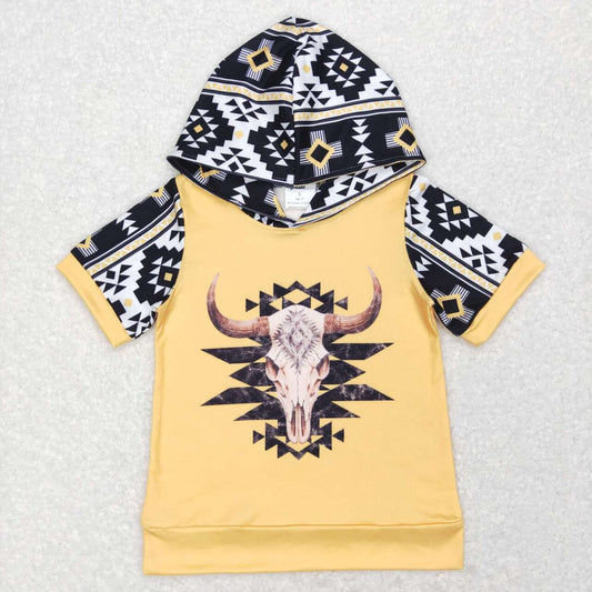 BT0458 Yellow Western Highland Cow Girls Short Sleeve Hoodies Top