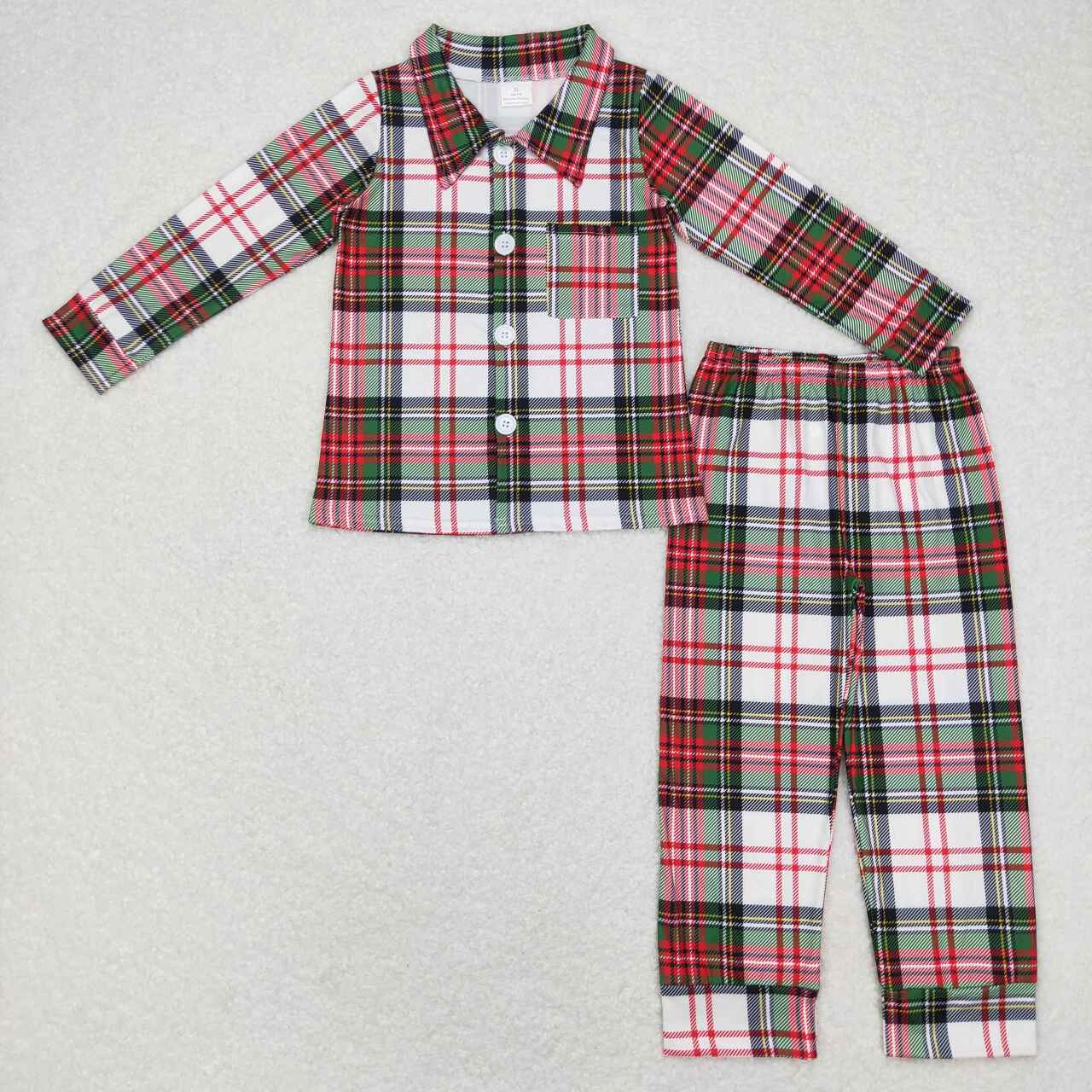 BLP0444  Christmas Red Green Plaid Boys Long Sleeve Pants Outfits Collar Pajamas