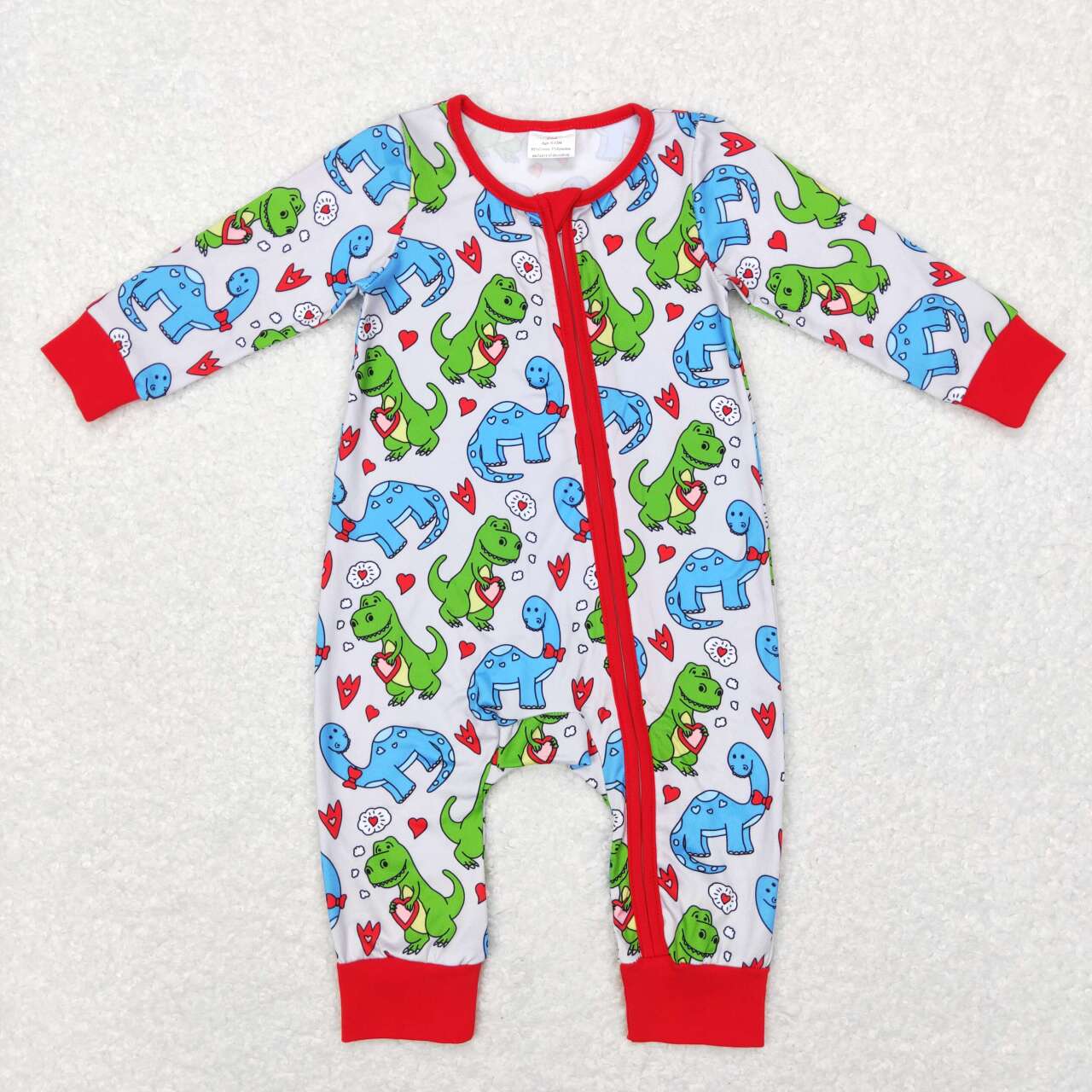 LR0831 Valentine Love Blue red Dinosaur Zipper Girls Long Sleeve Romper