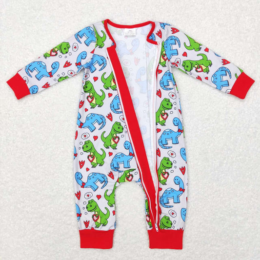 LR0831 Valentine Love Blue red Dinosaur Zipper Girls Long Sleeve Romper