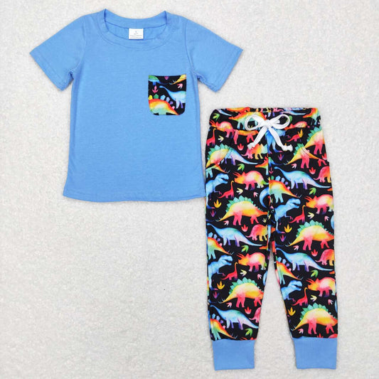 BSPO0206  blue Dinosaur Pocket  Boys Short Sleeve Bell Bottom Pants Outfits