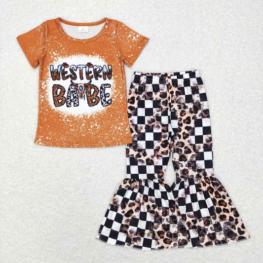 GSPO0388 Western Babe Leopard Girls Short Sleeve Bell Bottom Pants Outfits