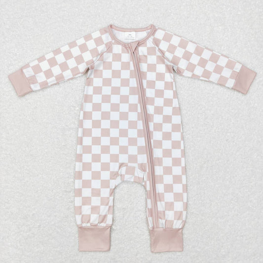 LR0809 Pink Plaid  Zipper Girls Long Sleeve Romper