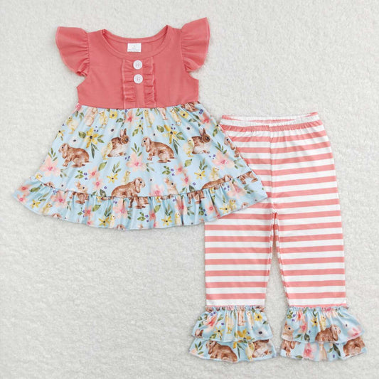 GSPO1132   Easter  Pink Rabbit   Girls Short Sleeve Bell Bottom Pants Outfits