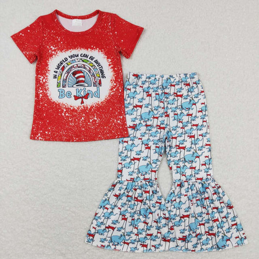 GSPO1115  Christmas Red blue be kind Dr Cartoon Girls Short Sleeve Bell Bottom Pants Outfits