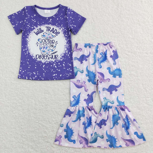 GSPO0915 Purple Dinosaur Wild Trade Sister Girls Short Sleeve Bell Bottom Pants Outfits