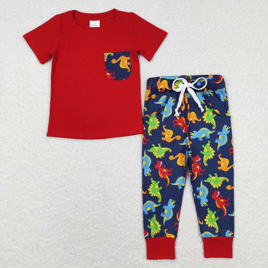 BSPO0173 Red dinosaur Boys Short Sleeve Bell Bottom Pants Outfits Pajamas