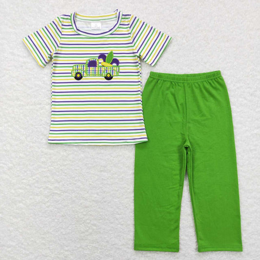 BSPO0215  Mardi Gras Purple Green Car  Embroidery  Boys Short Sleeve Bell Bottom Pants Outfits