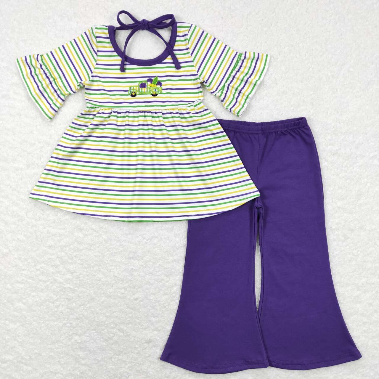 GSPO1021 Mardi Gras Purple Green Car  Embroidery  Girls Short Sleeve Bell Bottom Pants Outfits