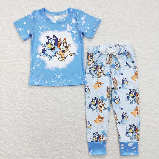 BSPO0222 blue dog cartoon Boys Short Sleeve Bell Bottom Pants Outfits