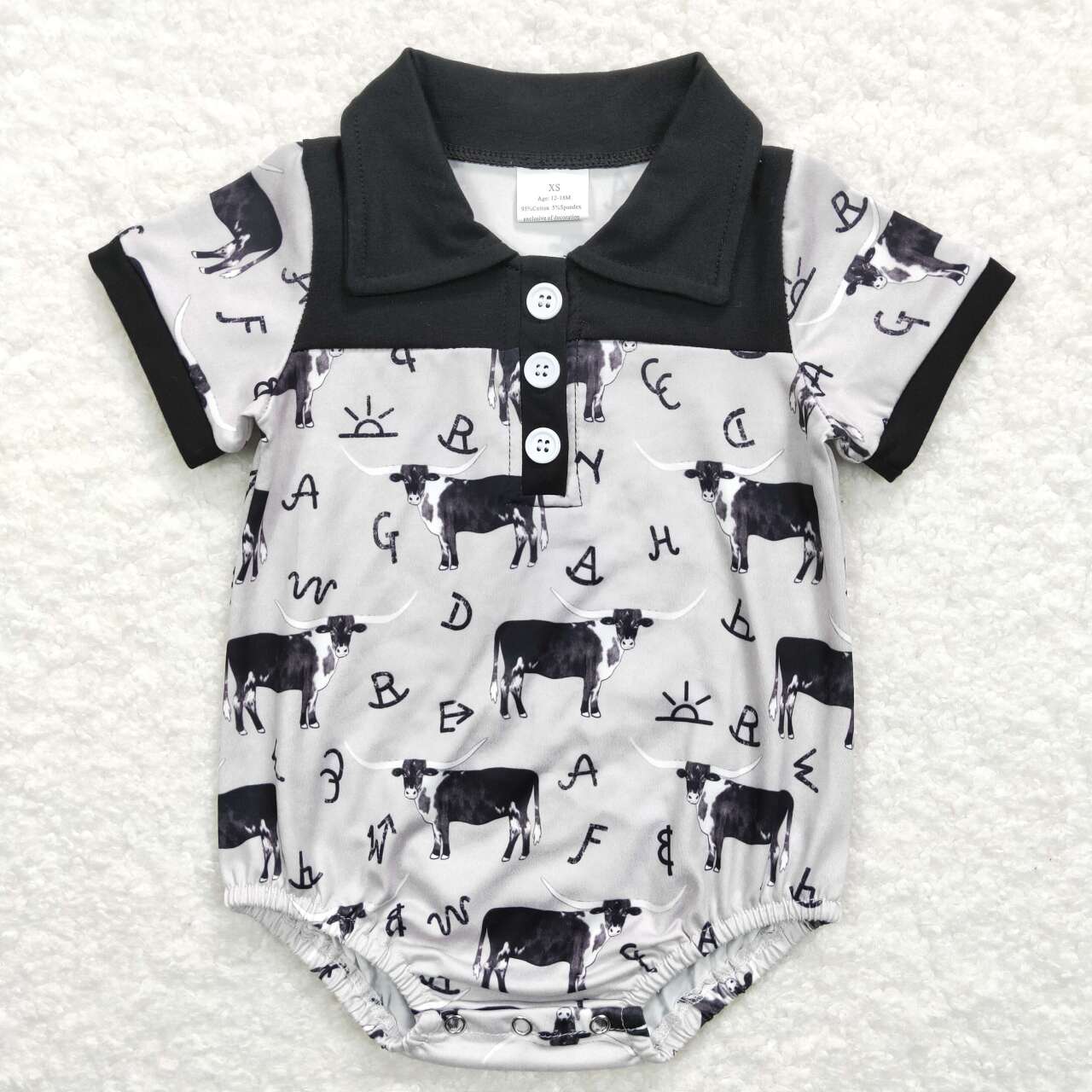 SR0220 Black Highland Cow Western Collar Girls Short Sleeve Romper