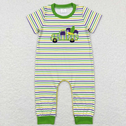 SR0519  Mardi Gras Purple Green Car  Embroidery  Girls Short Sleeve Romper