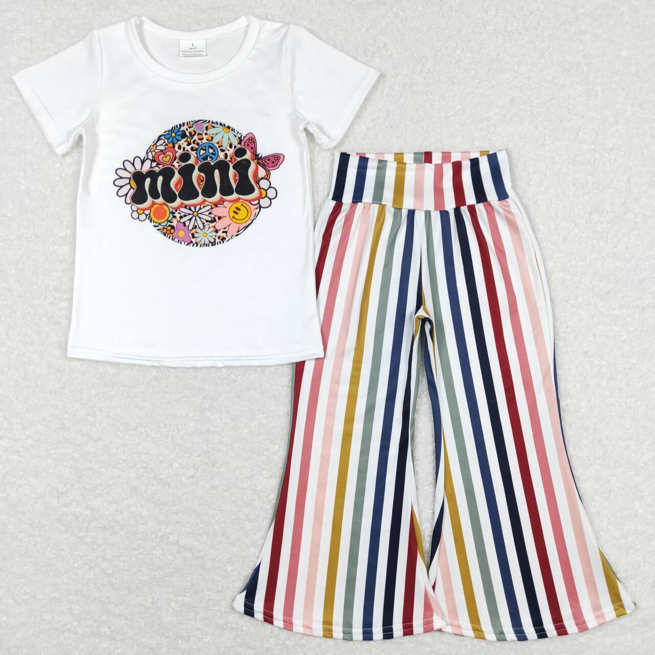 GSPO1114  Mini Stripes  Girls Short Sleeve Bell Bottom Pants Outfits