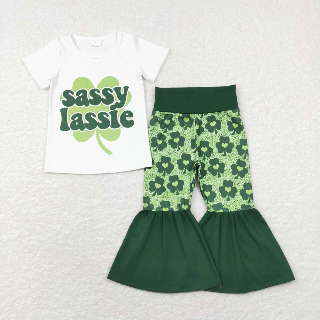 GSPO1029 St. Patrick  Green Lucky Clover Sassy Lassie Girls Short Sleeve Bell Bottom Pants Outfits