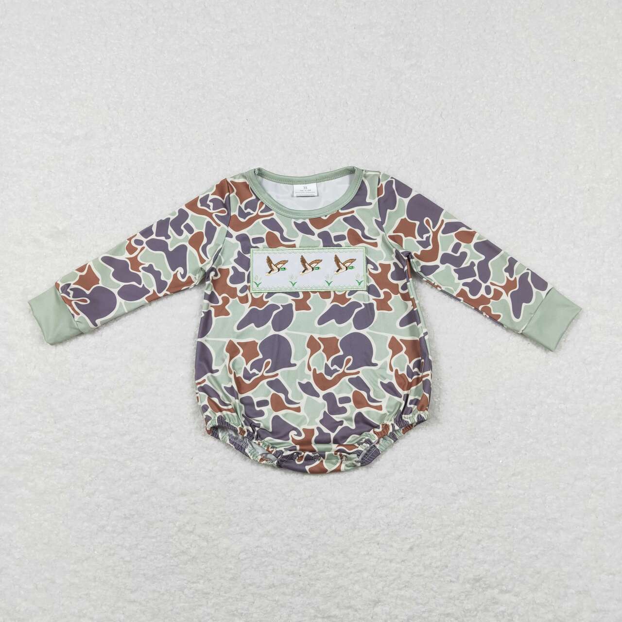 LR0286  Duck Bird Green Camo Leopard Embroidery  Girls Long Sleeve Romper