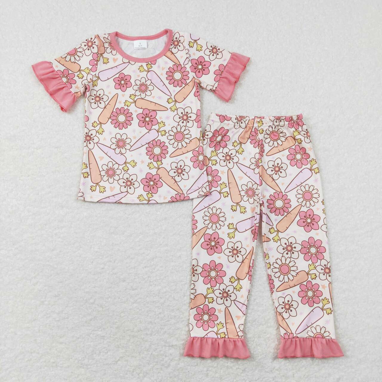 GSPO1017  Pink Easter Carrot Girls Short Sleeve Bell Bottom Pants Outfits pajamas