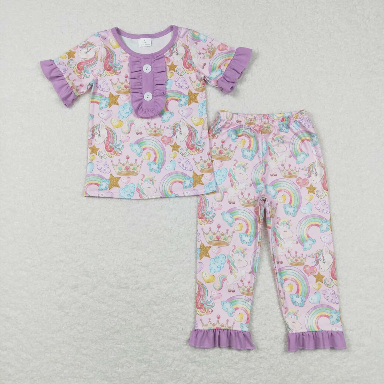 GSPO0949 Valentine Love Purple Unicorn Girls Short Sleeve Bell Bottom Pants Outfits pajamas