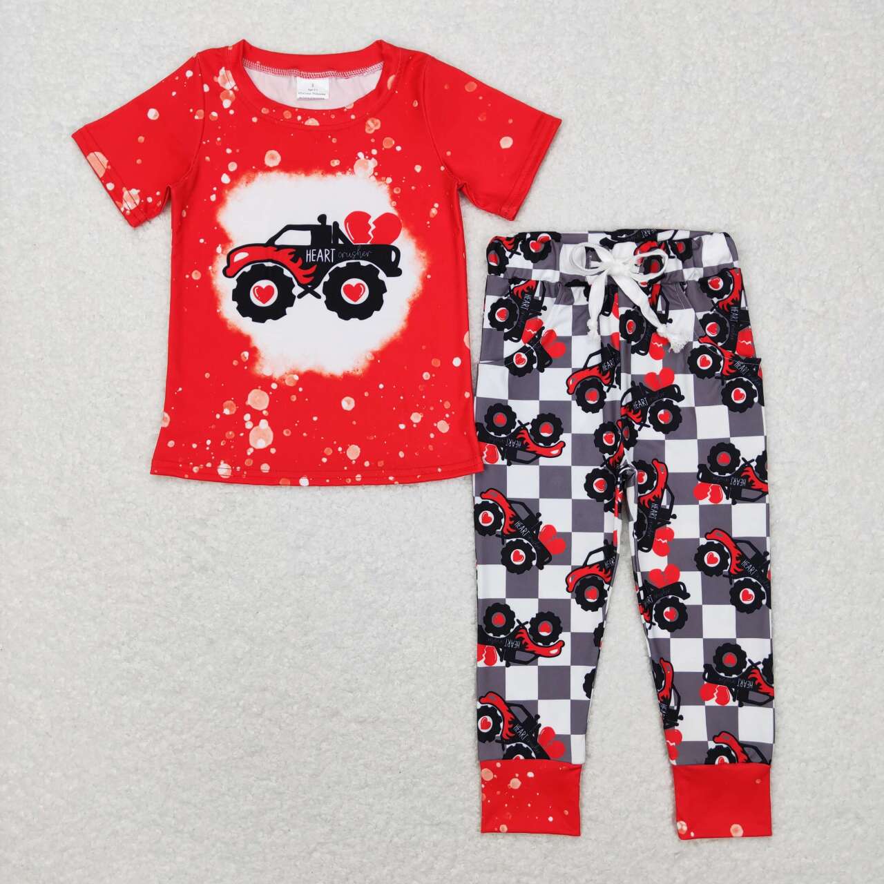 BSPO0227 Valentine Love Truck red Boys Short Sleeve Bell Bottom Pants Outfits